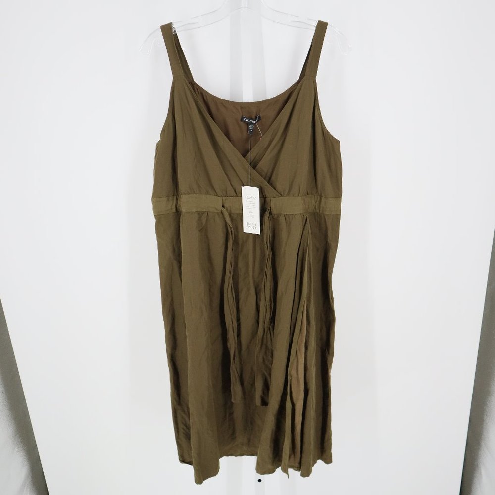 Eileen Fisher Sleeveless Satin Tie Waist V-Neck Dress Green/Brown